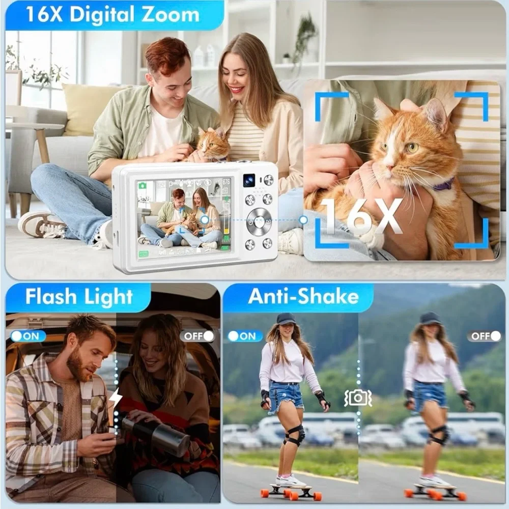 4K Digital Camera, 64MP Autofocus Vlogging Camera with Dual Lens, White
